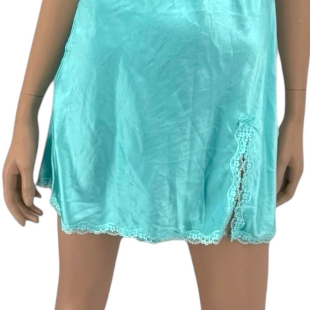 Vintage Y2K Victorias Secret Turquoise Blue Lace Trim Slip Dress Satin Nightgown - Picture 4 of 11